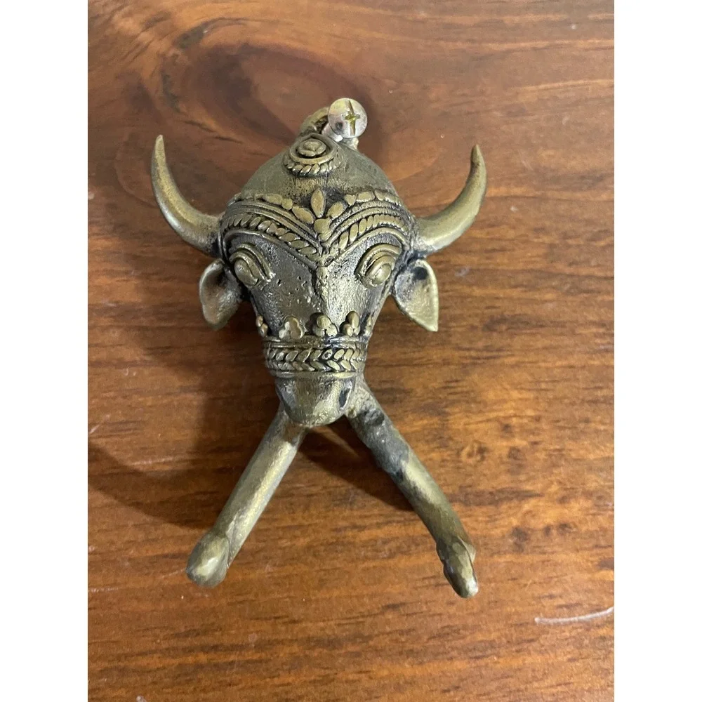 Vintage Brass Bull Head Wall Hook Double Hook Decorative Entryway Hanger 4 Inch
